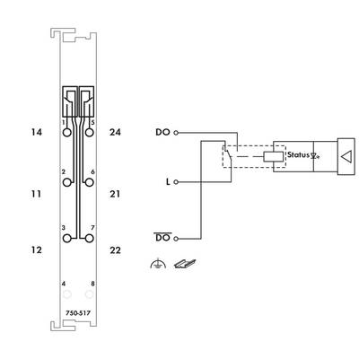 'Elektrischer Schaltplan des Moduls 750-517 mit Nummerierung der Anschlüsse auf der linken Seite und Statusanzeiger rechts.'
