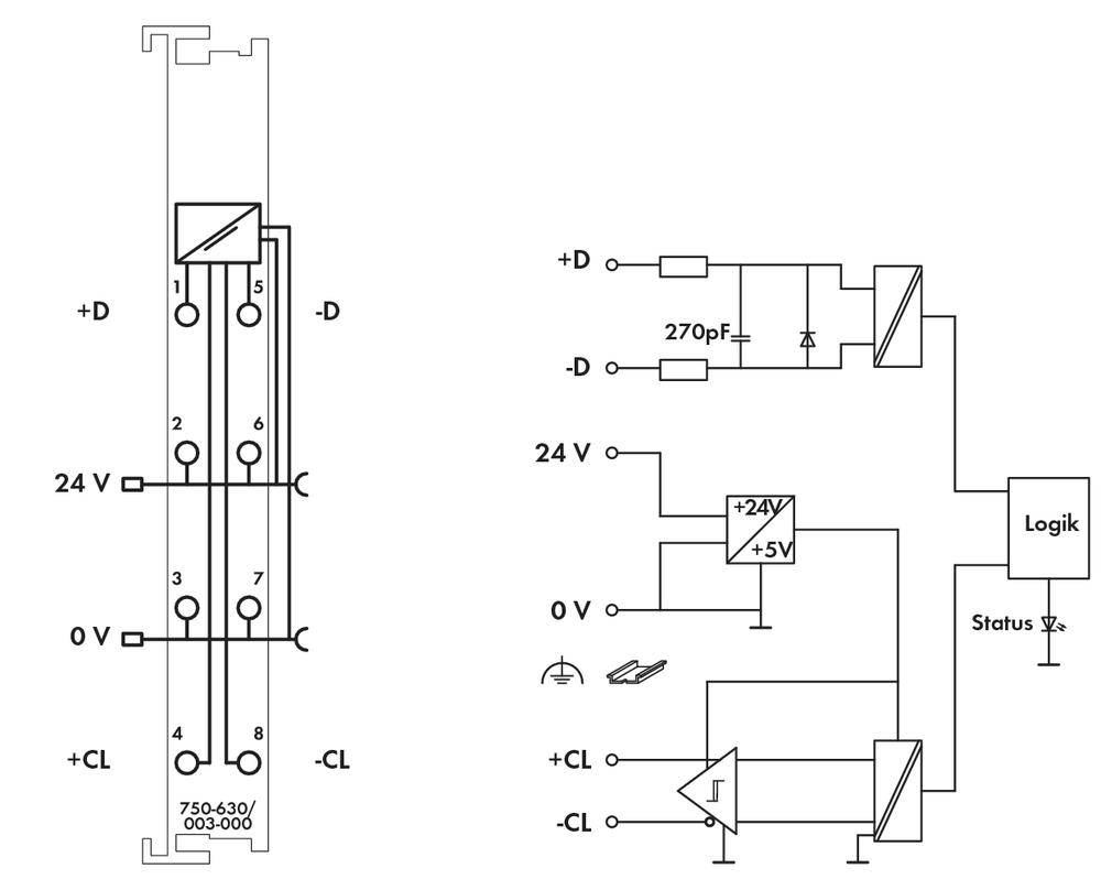 Schaltplan für einen Sensor mit Logikmodul. Links: Modulanschlüsse. Rechts: Schaltkreise mit 24V-Eingang, Kondensator und Statusanzeige.