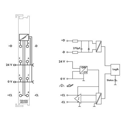 Schaltplan für einen Sensor mit Logikmodul. Links: Modulanschlüsse. Rechts: Schaltkreise mit 24V-Eingang, Kondensator und Statusanzeige.