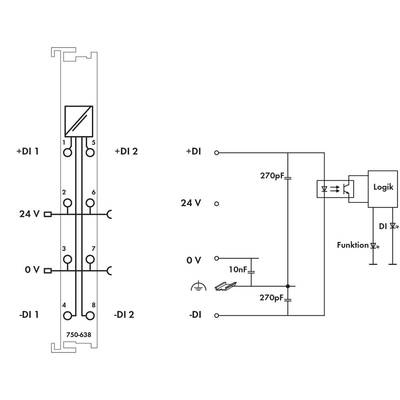 'Schaltplan eines elektronischen Moduls, zeigt Verbindungen und 24V Spannungsversorgung, mit Bauteilen wie Logik, Kondensatoren und Funktionstester.'