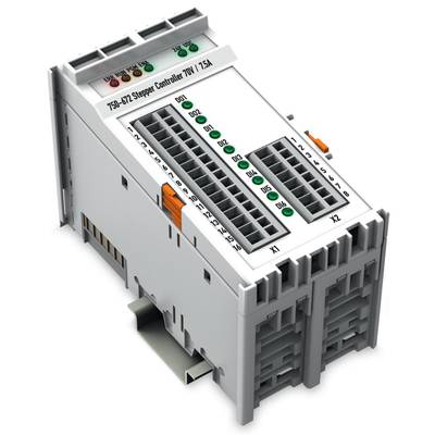 Ein graues elektronisches Modul zur Steuerung, mit nummerierten Anschlüssen und LED-Anzeigen auf der Oberseite, auf einer Metallhalterung.