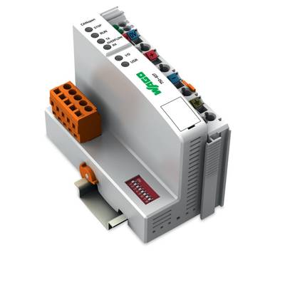 Ein graues elektronisches Modul mit mehreren Anschlüssen, farbigen Steckverbindern und einer LED-Anzeige, wird als Steuergerät verwendet.