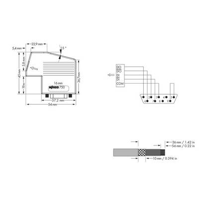 'Technische Zeichnung eines elektronischen Bauteils mit Maßen und Beschriftungen. Links Maße eines Kastens, rechts Anschlussdiagramm.'
