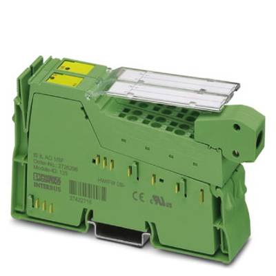 Ein grünes elektronisches Bauteil, möglicherweise ein Industrie-Modul oder Klemmenblock, mit Anschlüssen und Schutzabdeckung.