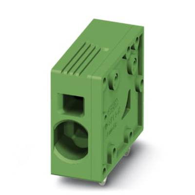 Grüner elektrischer Stecker mit quadratischem Gehäuse und runden Öffnungen, geeignet für technische Verbindungen und Installationen.