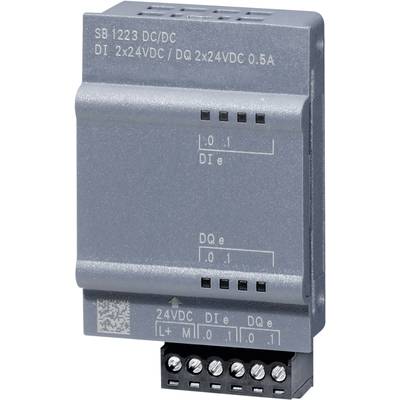Ein graues industrielles Modul mit der Aufschrift 'SB 1223 DC/DC DI 2x24VDC / DQ 2x24VDC 0.5A'. Es hat Anschlüsse an der Unterseite.
