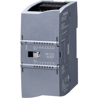Grau-blaues Industrieelektronikmodul von Siemens mit Aufschrift 'SM1223 DC/RLY', Anschlussklemmen oben, Schalter und LEDs vorne.