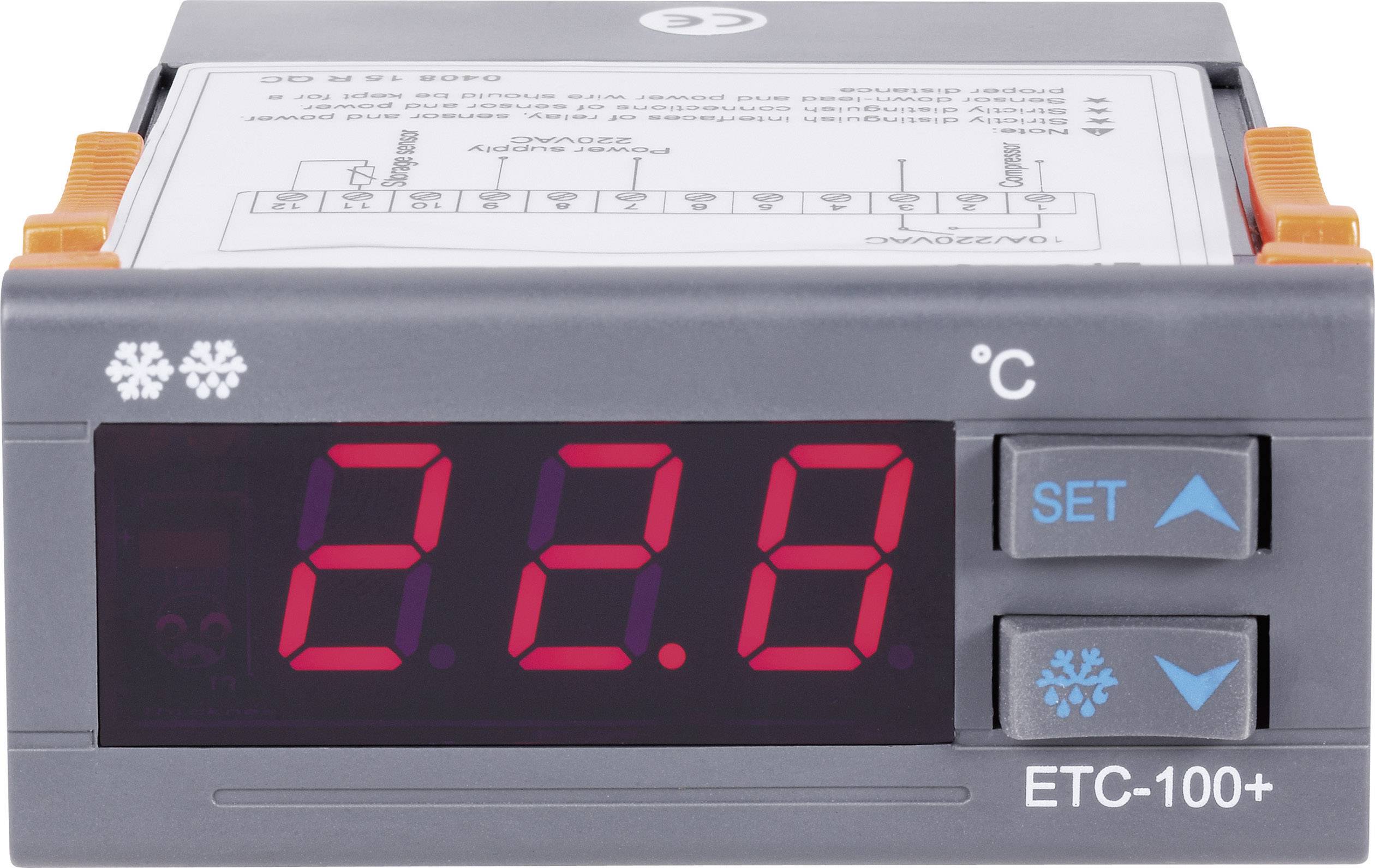 Elektronischer Temperaturregler mit digitaler Anzeige zeigt '22.8 °C'. Zwei Tasten für Einstellungen daneben.