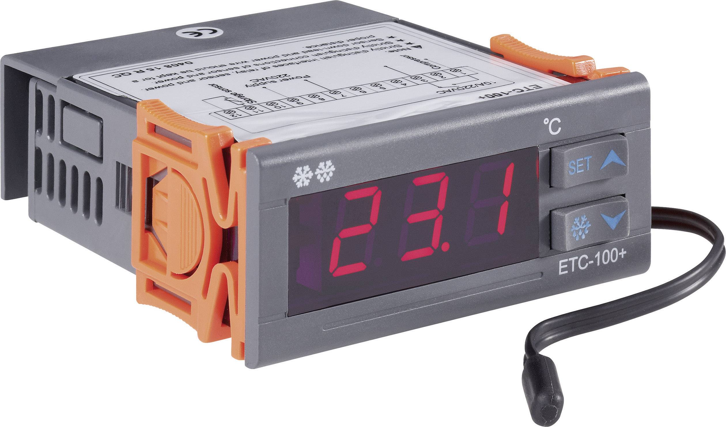 Elektronischer Temperaturregler mit digitaler Anzeige, die '23,1 °C' zeigt. Gerät hat Bedientasten und ist mit einem Sensor verbunden.