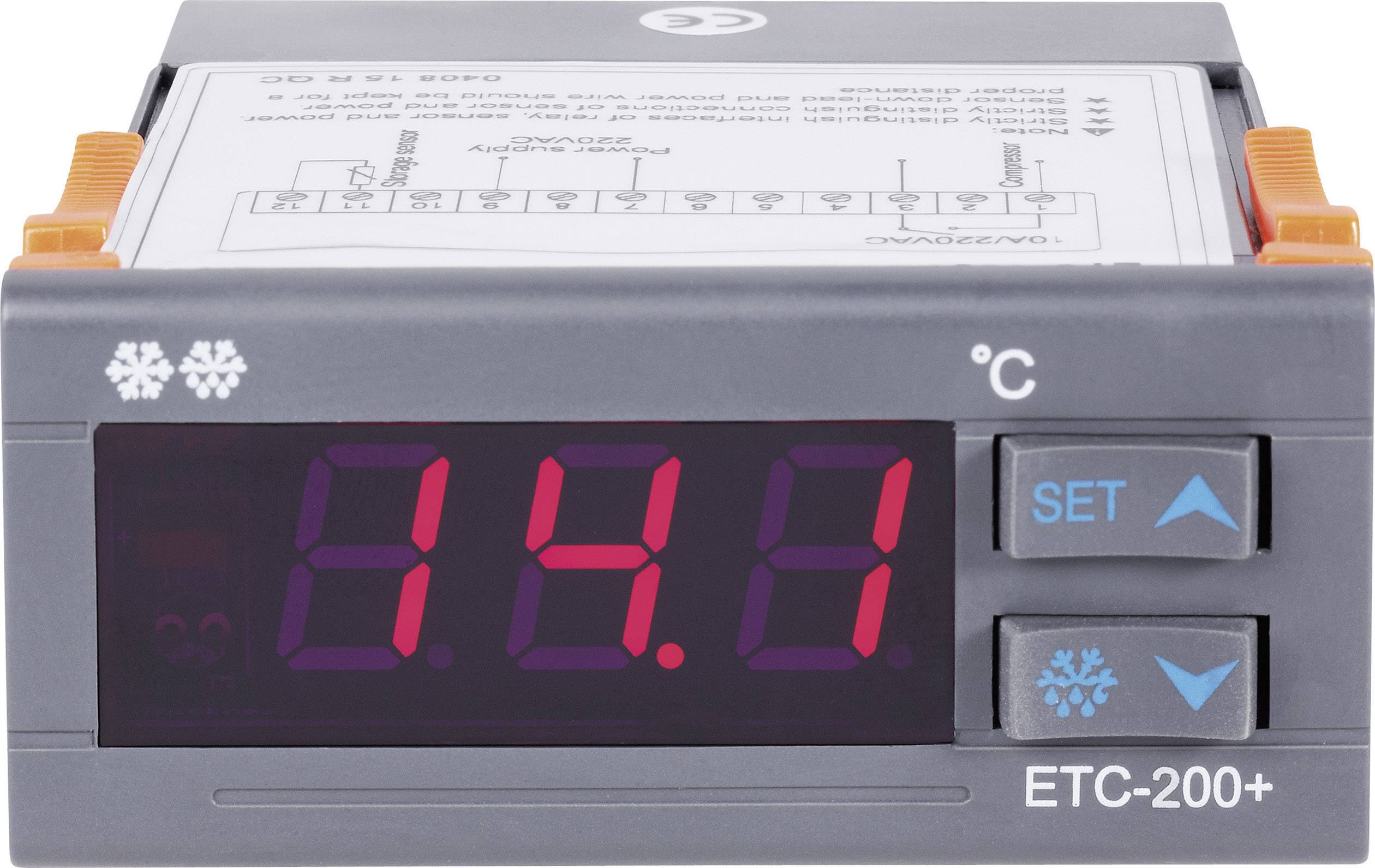 Elektronischer Temperaturregler mit Display zeigt 18,8 Grad Celsius. Zwei Tasten für Einstellungen und Symbole für Kälte.