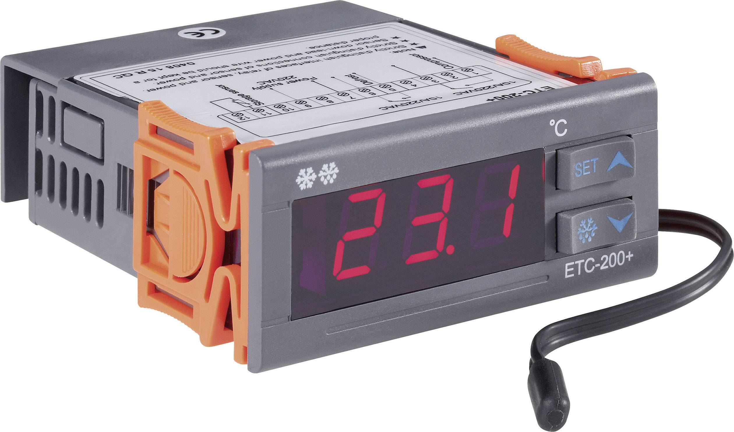 Digitaler Temperaturregler mit Anzeige von '23,1°C'. Kompaktes Design, schwarze und orange Details, Kabel an der Seite.