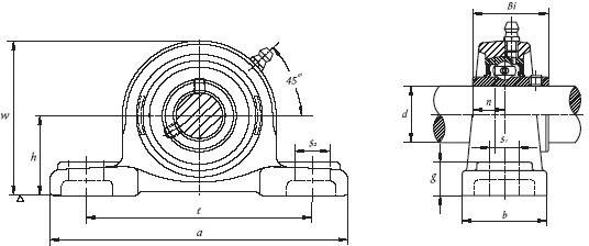 Technische Zeichnung eines Lagers mit Bemaßungen. Zeigt die Vorder- und Seitenansicht mit Achsenangaben, Linien und Pfeilen.