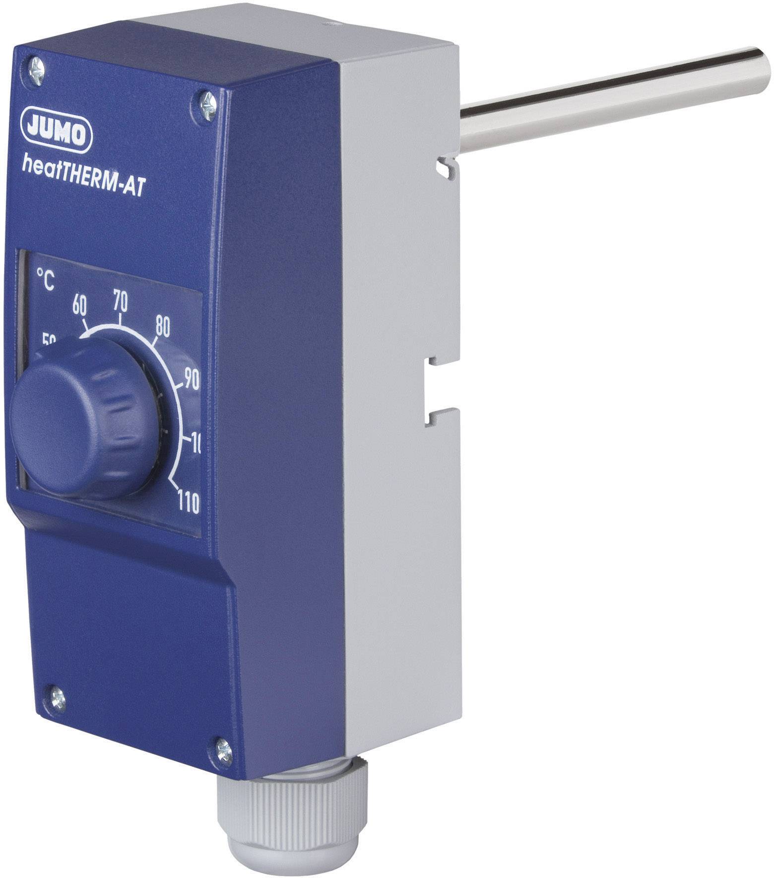 Ein blauer Temperaturregler 'JUMO heatTHERM-AT' mit Drehknopf zur Einstellung von 0 bis 110 Grad Celsius, montierbar an Rohrsystemen.