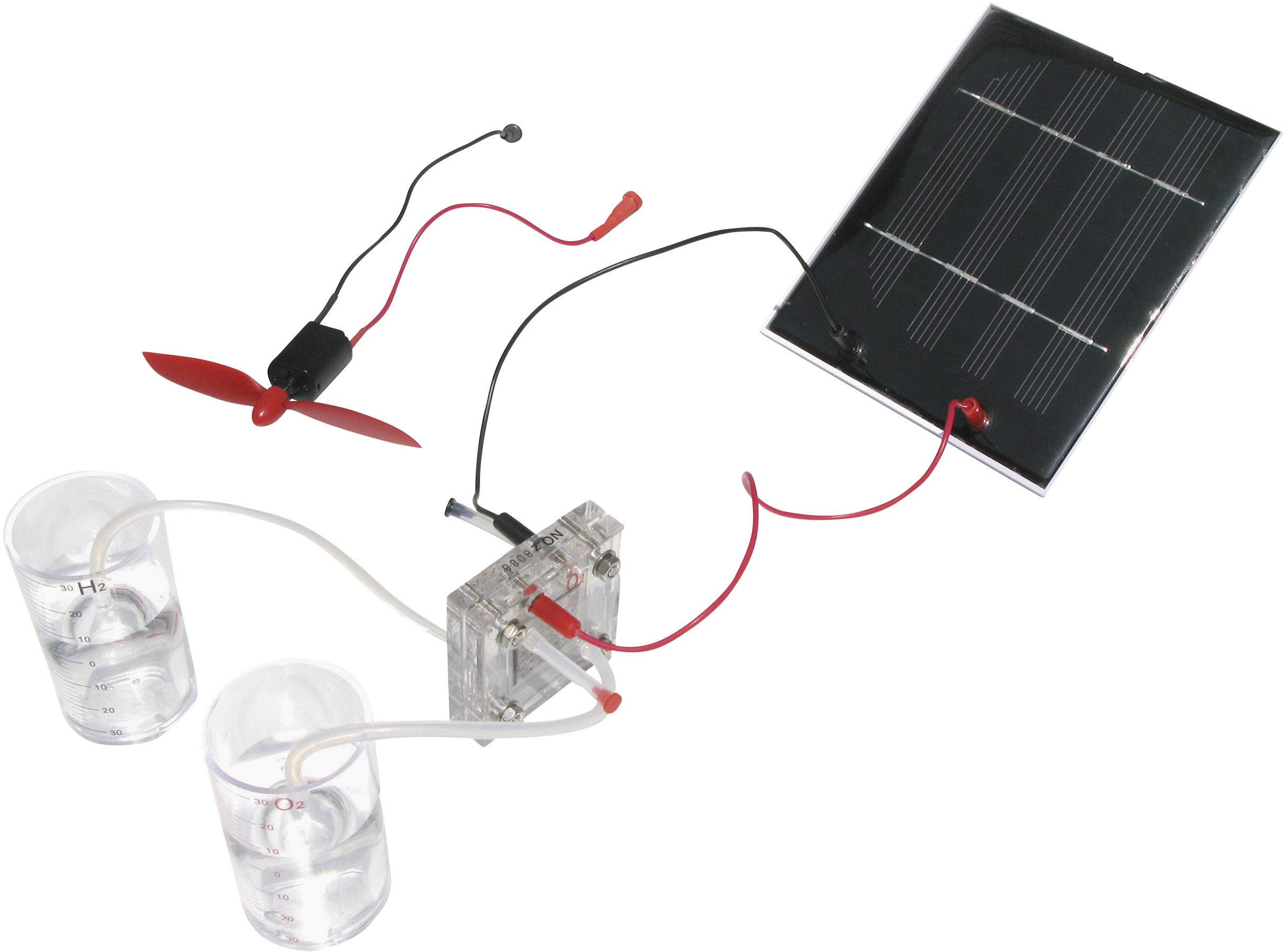 Solarbetriebener Wasserstoff-Brennstoffzellen-Kit zeigt Solarzelle, Brennstoffzelle und Lüfter verbunden mit Wasserbehältern.