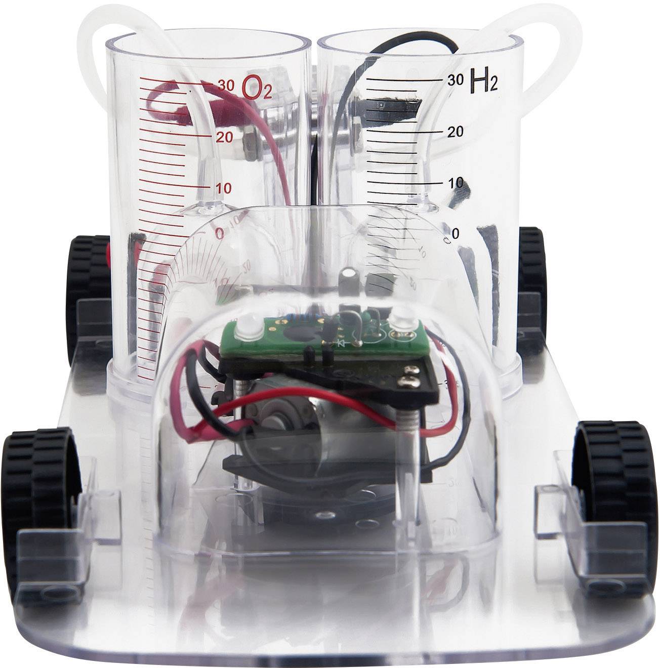 Ein Modellauto mit zwei durchsichtigen Wasserstofftanks, verbunden durch Schläuche. Elektronische Bauteile sind sichtbar.