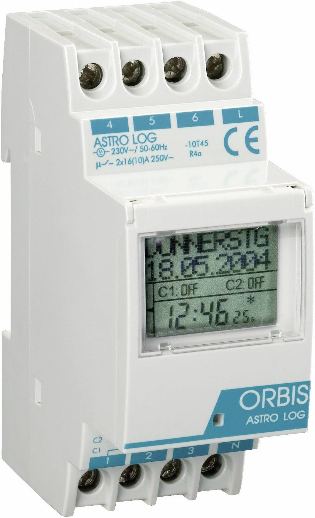 Un programmateur horaire numérique modulaire blanche pour rail DIN, dotée d'un écran LCD affichant la date, l'heure et les états de commutation. Elle est équipée de bornes à vis et arbore le logo bleu Orbis Astro Log.