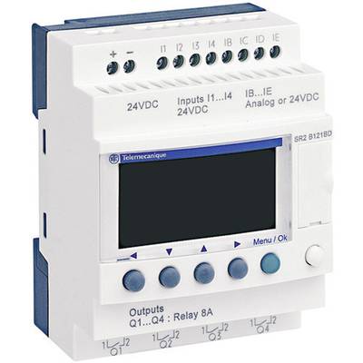 Ein programmierbares Logikmodul von Telemecanique mit Display und Schnittstellen für digitale Ein- und Ausgänge, geeignet für 24VDC.