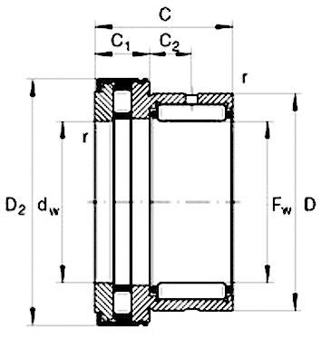 Technische Zeichnung eines Lagers mit Maßangaben: D, D2, dw, C, C1, C2, r, und Fw. Darstellung der Dimensionen und Struktur.
