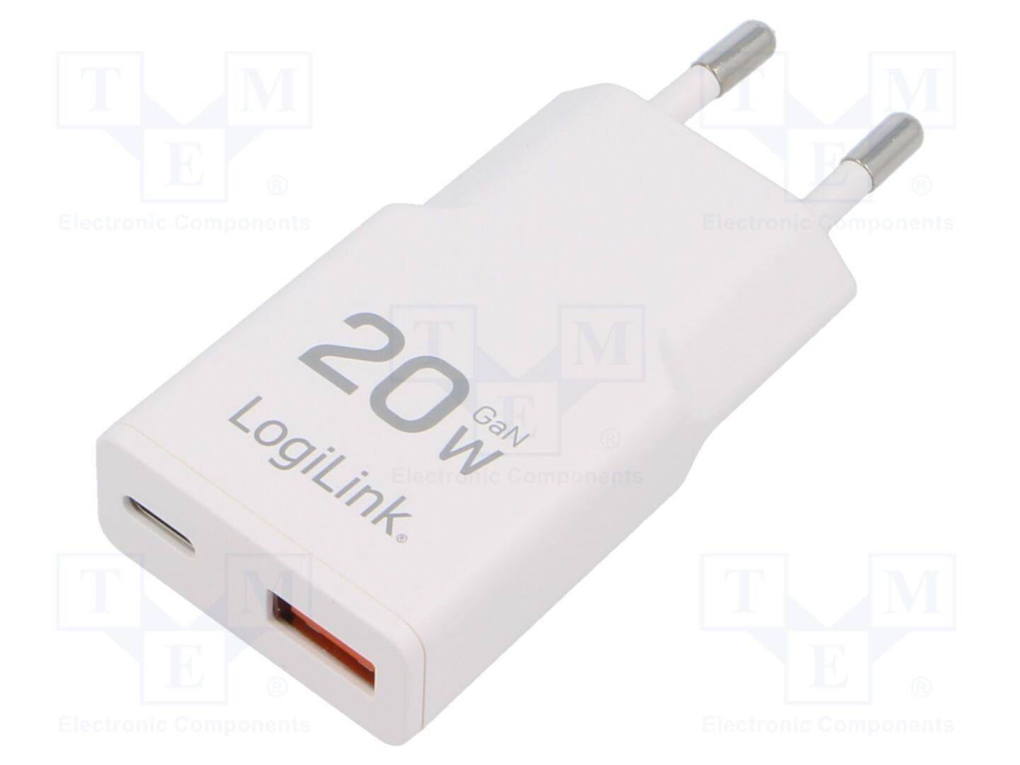 LogiLink PA0346 USB GaN wall charger 20 W 1x USB-C PD USB-A QC white