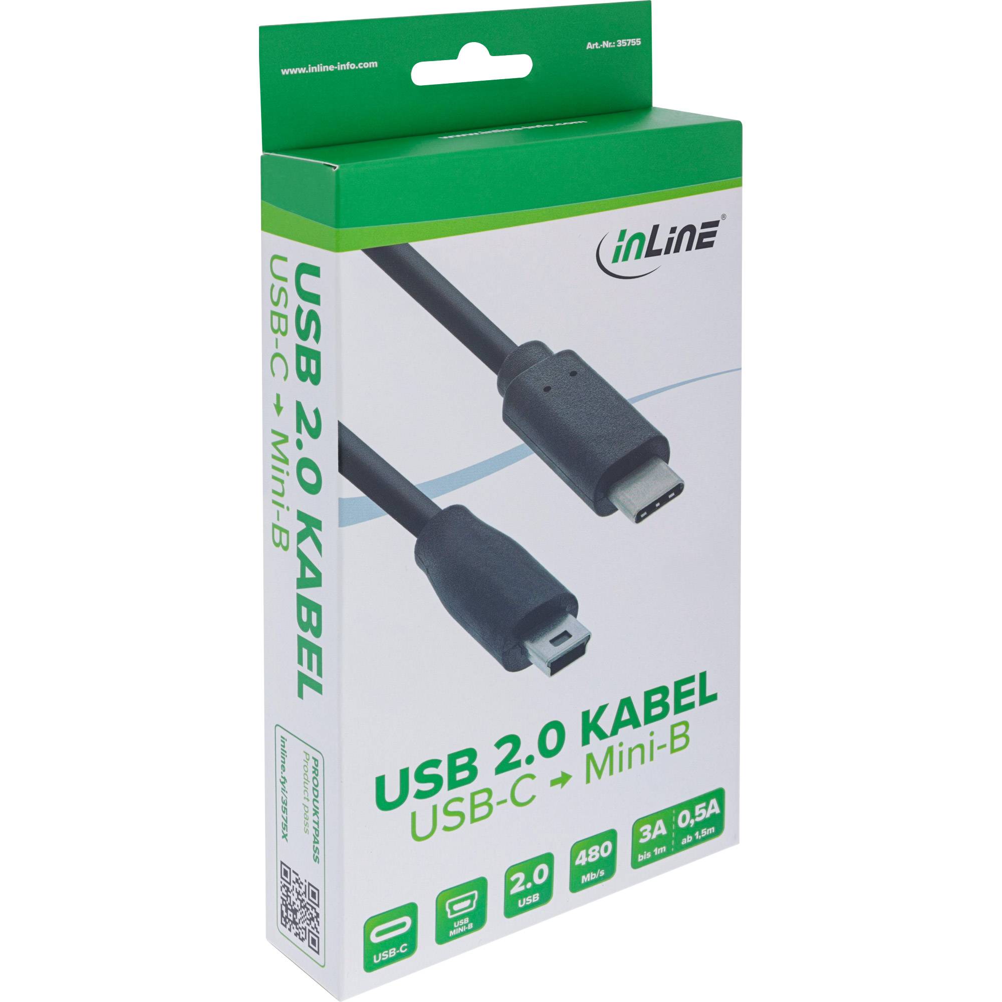 InLine® USB 2.0 Kabel, USB-C Stecker an Mini-B Stecker, schwarz, 5m-1
