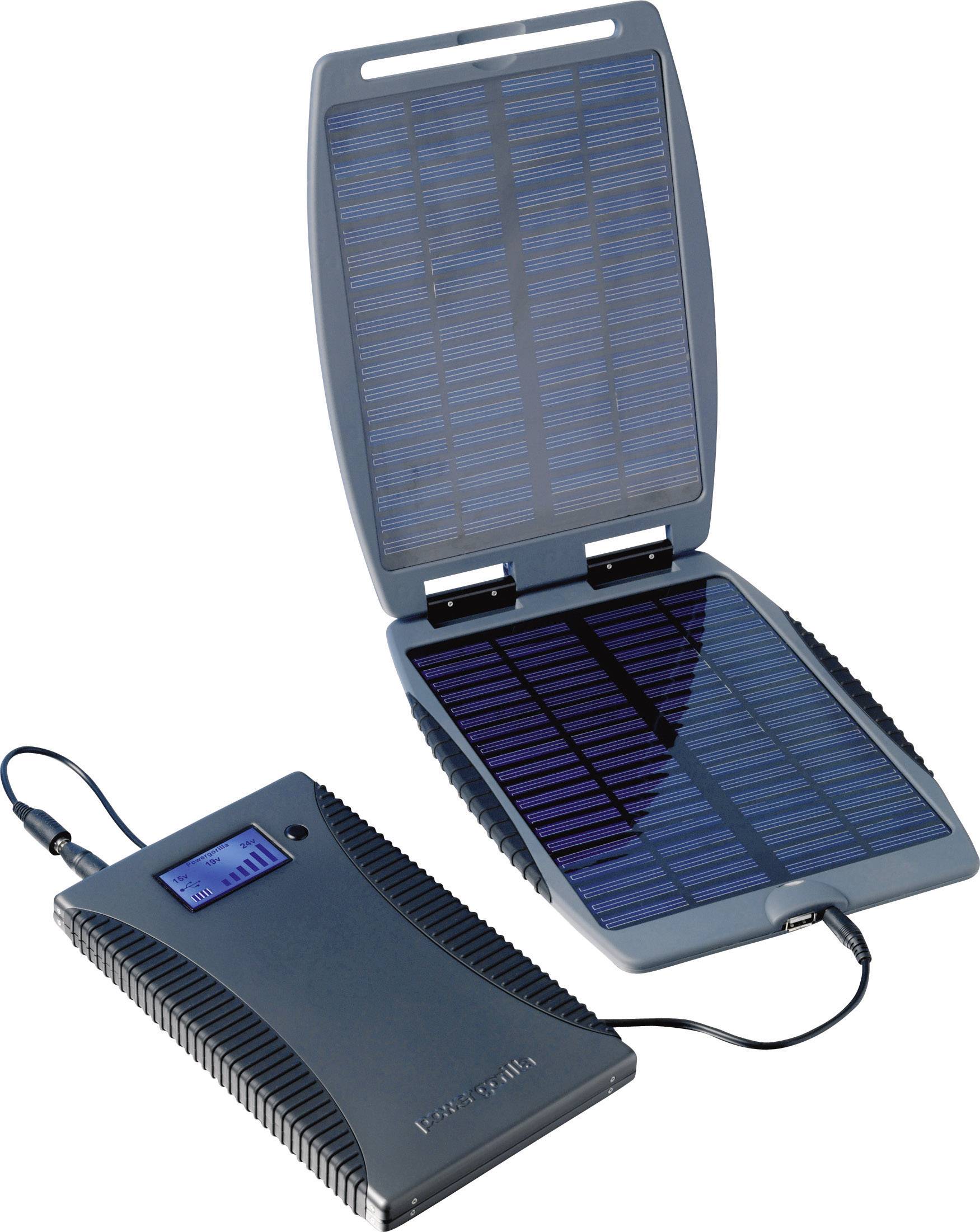 Tragbares Solarladegerät mit zwei geöffneten Solarpanels, die durch ein Kabel verbunden sind. Ein Display zeigt den Ladezustand an.
