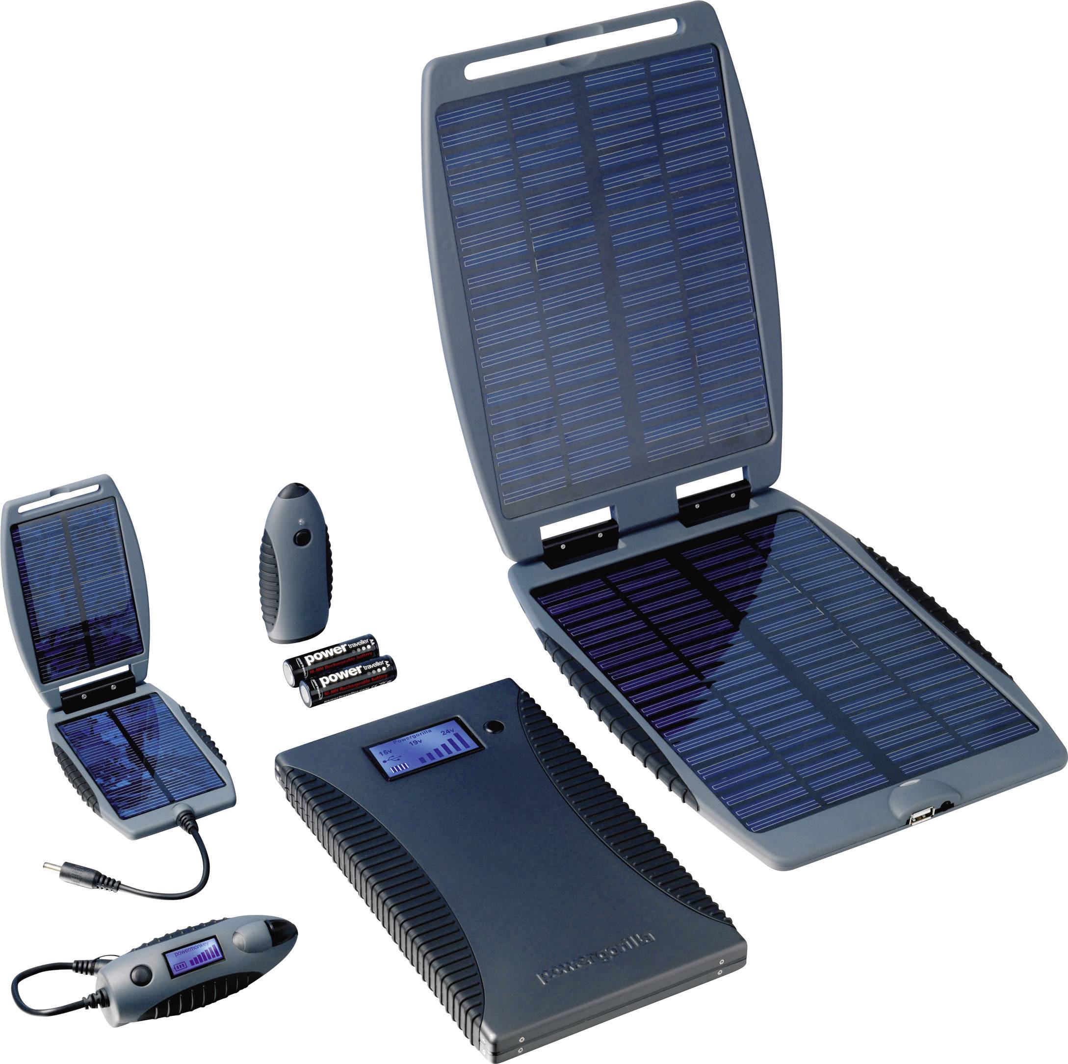 Tragbare Solarladegeräte in verschiedenen Größen mit Akkus und Anschlüssen. Ideal für umweltfreundliches Laden unterwegs.