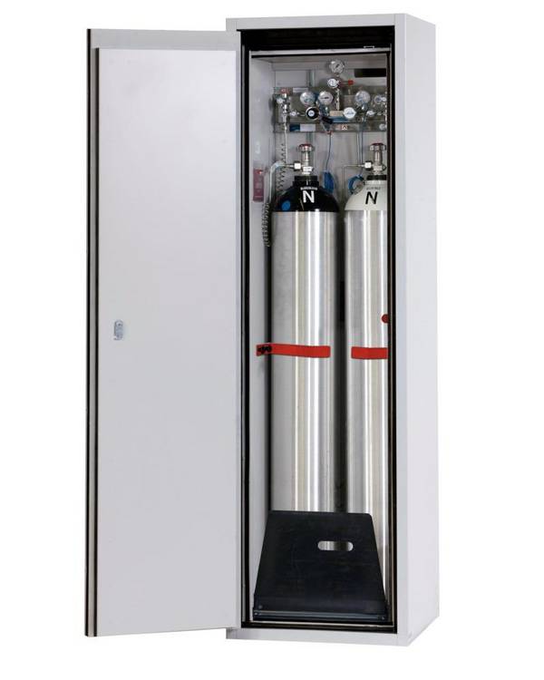 asecos Gasflaschenschrank feuerbeständig G90, 2 x 50 l Flaschen, B 600 mm, Tür links, grau