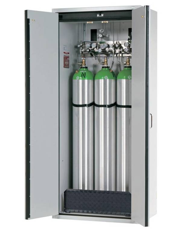 asecos Gasflaschenschrank feuerbeständig G30, 3 x 50 l Flaschen, B 900 mm, 2-flügelige Tür, grau