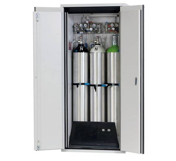 asecos Gasflaschenschrank feuerbeständig G90, 3 x 50 l Flaschen, B 900 mm, 2-flügelige Tür, grau