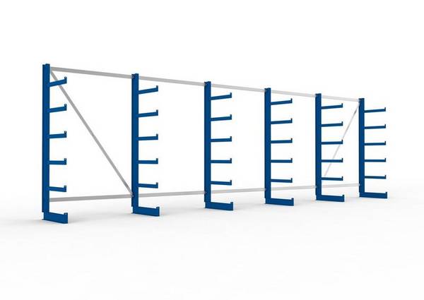 META Kragarmregal, einseitig, 6 Ständer, 5 Kragarme, Tragkraft bis 200 kg/Arm, 6805 x 630 x 2000 mm
