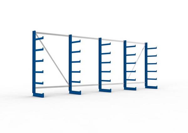 META Kragarmregal, einseitig, 5 Ständer, 5 Kragarme, Tragkraft bis 200 kg/Arm, 5455 x 630 x 2000 mm
