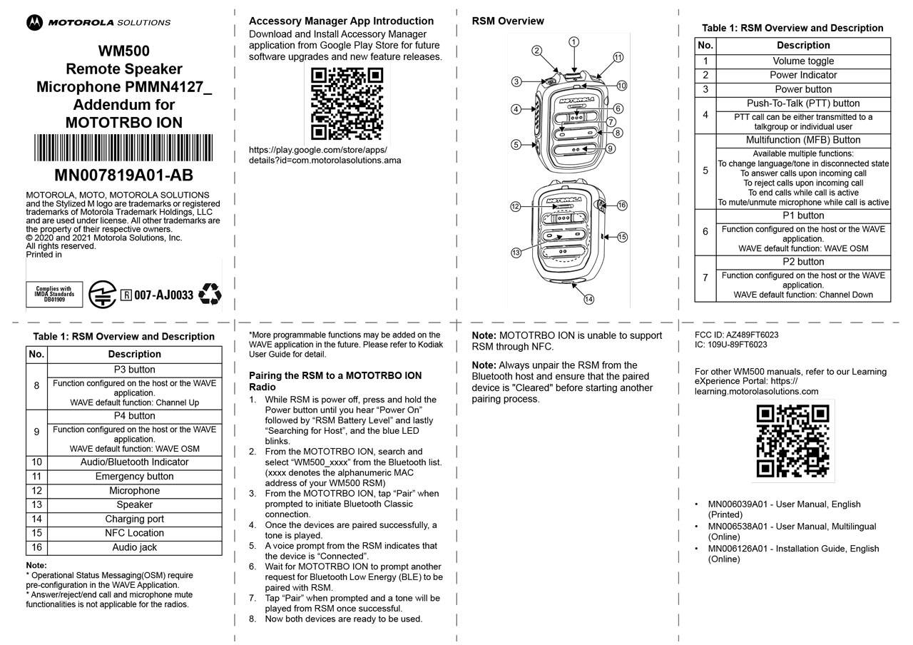 Motorola kabelloses Lautsprechermikrofon Bluetooth WM500 PMMN4127A-2