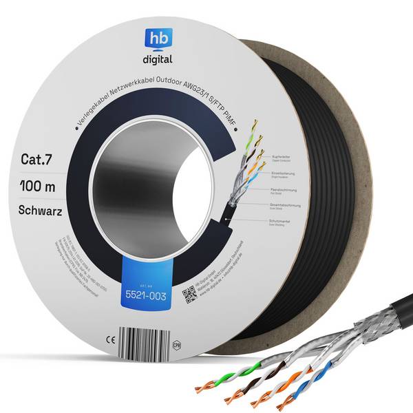 hb-digital 100m Netzwerkkabel CAT 7 Outdoor LAN max. 1000 MHz S/FTP PE AWG23 PoE++ kompatibel