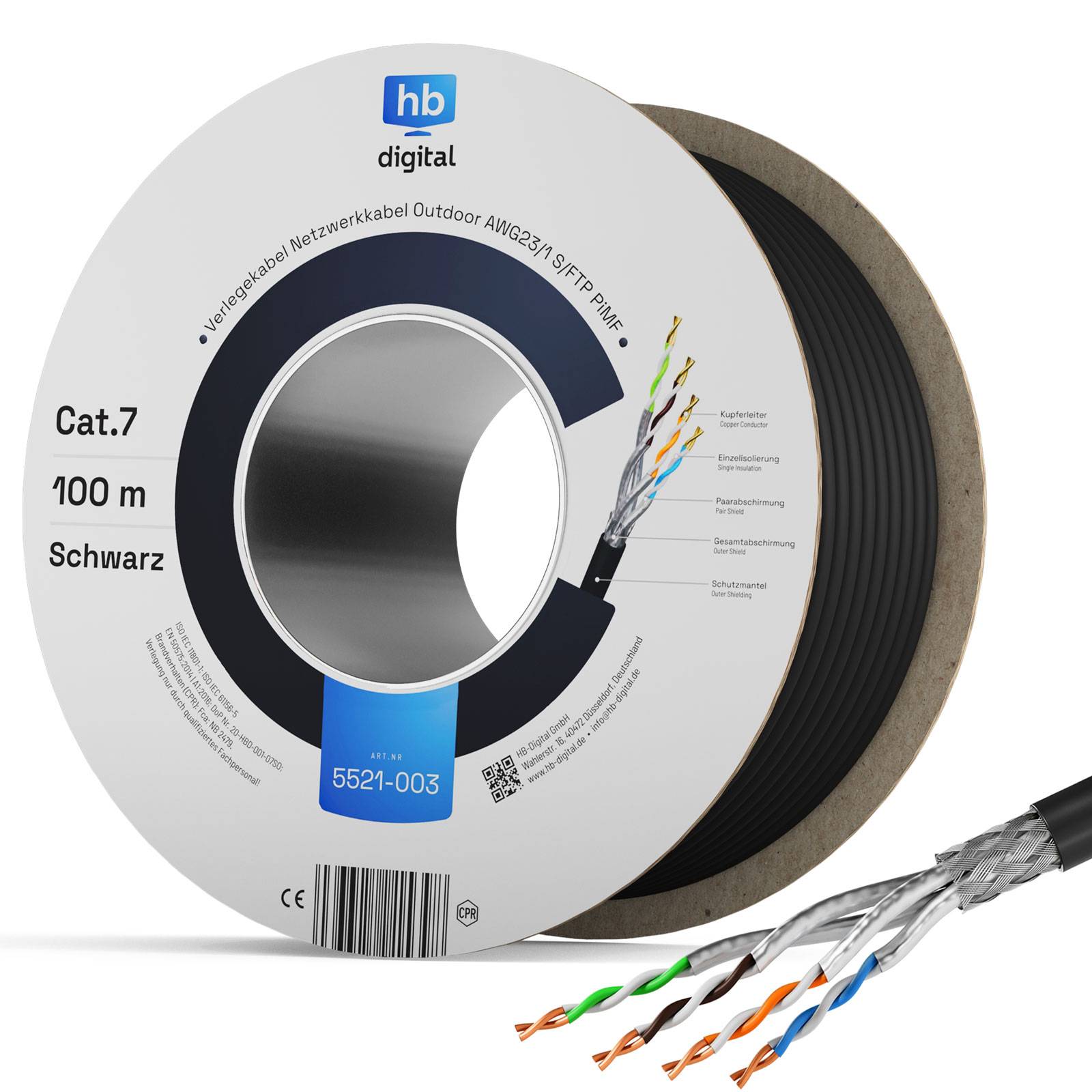 hb-digital 100m Netzwerkkabel CAT 7 Outdoor LAN max. 1000 MHz S/FTP PE AWG23 PoE++ kompatibel-0