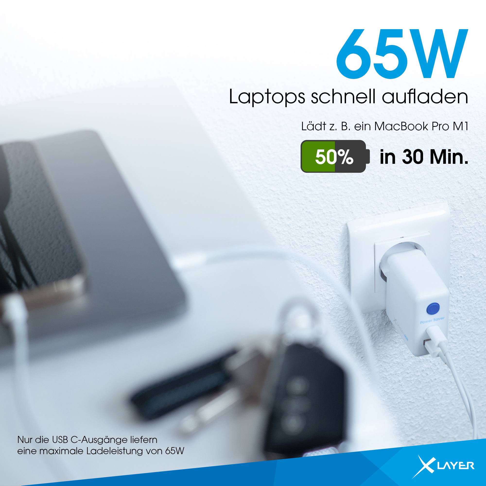 Ladegerät XLayer 65W Power Saver Ladegerät USB Typ C + Typ A mit Strom-Stopp-Funktion weiß-5