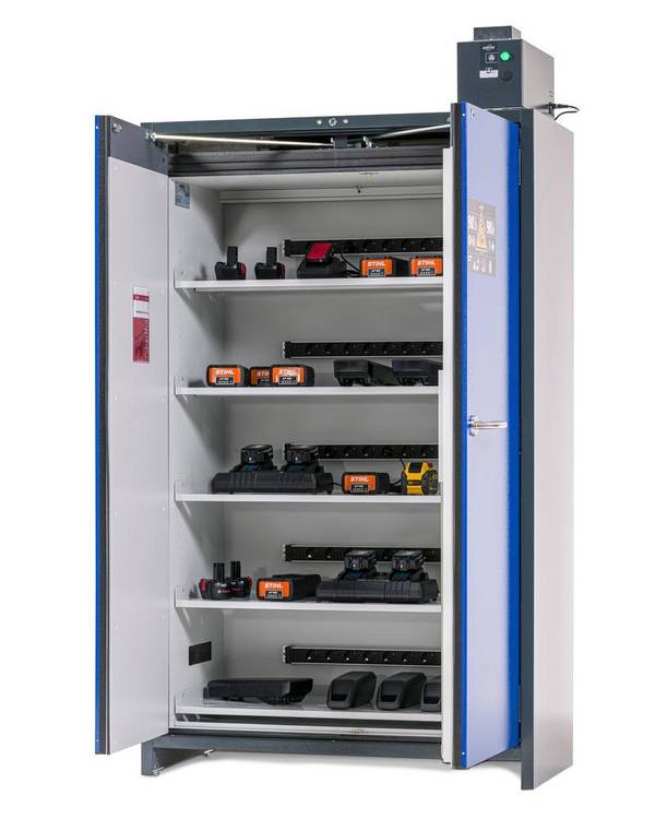 asecos Lithium-Ionen Akku-Ladeschrank, SmartStore-Pro, 5 Fachböden, B 1200 mm