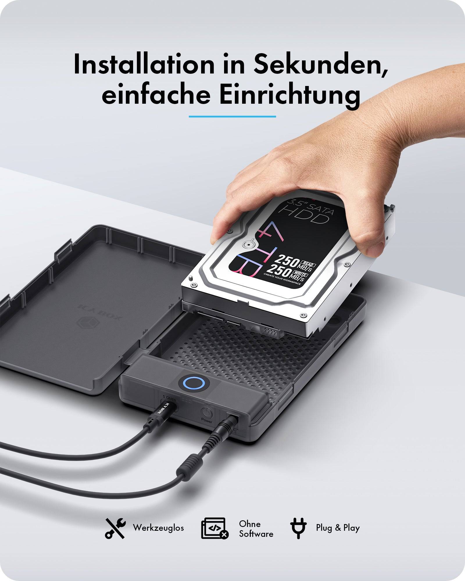 ICY BOX Spade Base 388 Festplattengehäuse für 2,5"/3,5" SATA SSD/HDD, HDD / SSD-Gehäuse, 2.5/3.5", SATA, Serial ATA II,-4