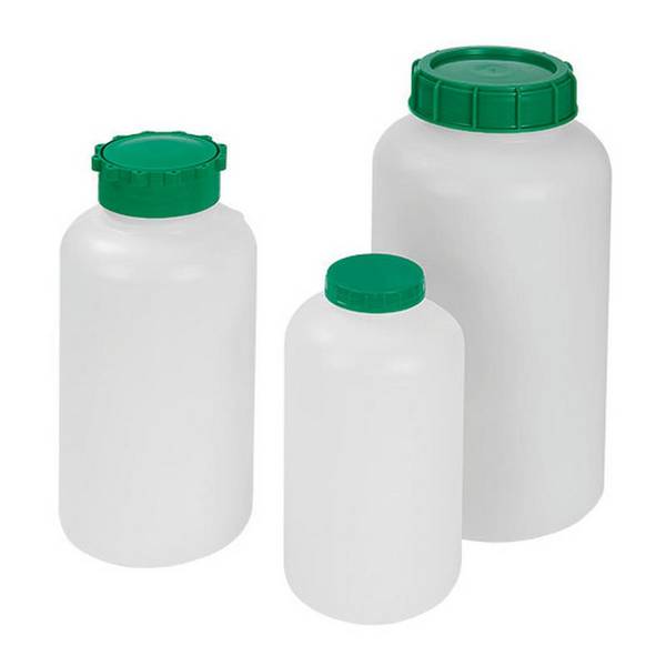 Weithalsflasche aus HDPE, mit Alveolit-Dicht., grüne Schraubkappe, plombierbar, 1500 ml, VE = 6 St.