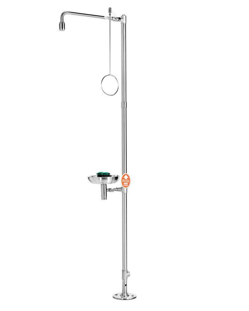 Körperdusche mit Augendusche mit Auffangbecken, Edelstahl, Bodenmontage, BR 837095, DVGW-0