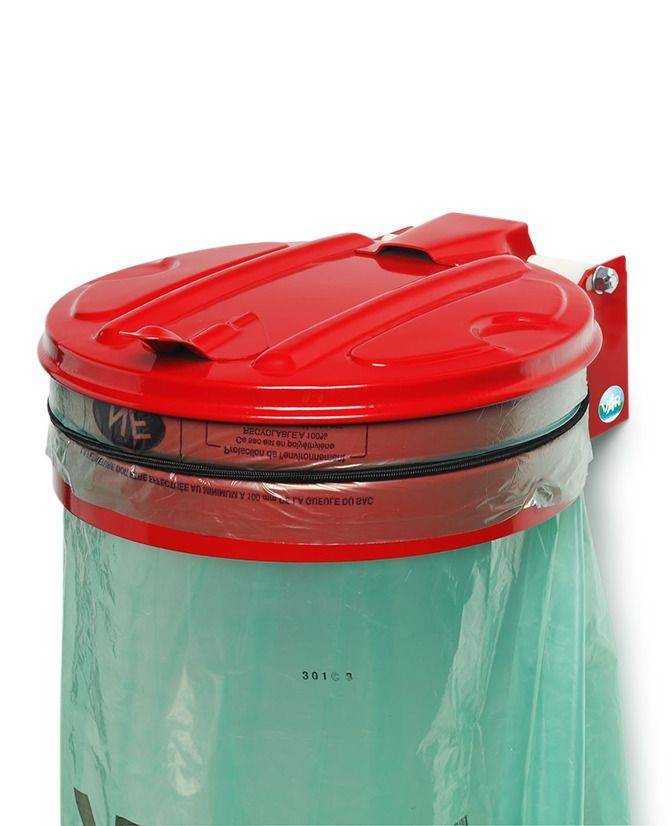 Abfallsackhalter aus Stahl, Wandmontage, Gummiband zur Sackbefestigung, Stahldeckel, rot-0