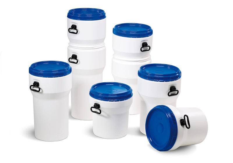 Weithalsfass, aus Kunststoff, 40 l, weiß / blau, nestbar, mit UN-Zulassung, mit Deckel-1