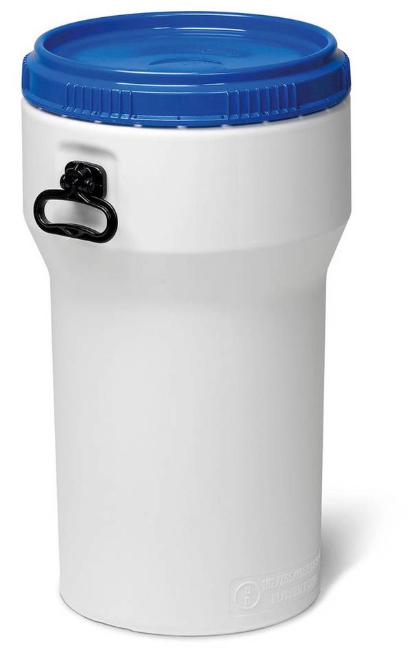 Weithalsfass, aus Kunststoff, 50 l, weiß / blau, nestbar, mit UN-Zulassung, mit Deckel
