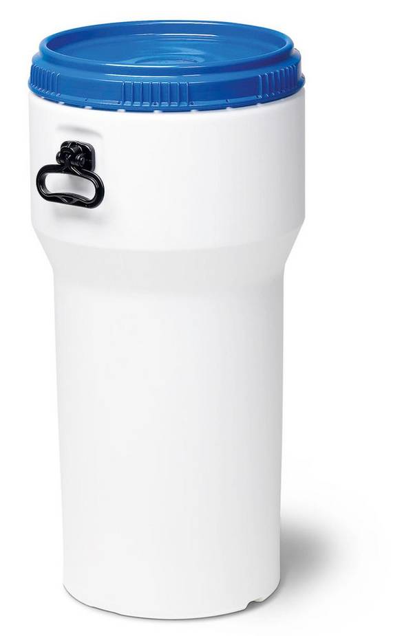 Weithalsfass, aus Kunststoff, 60 l, weiß / blau, nestbar, mit UN-Zulassung, mit Deckel