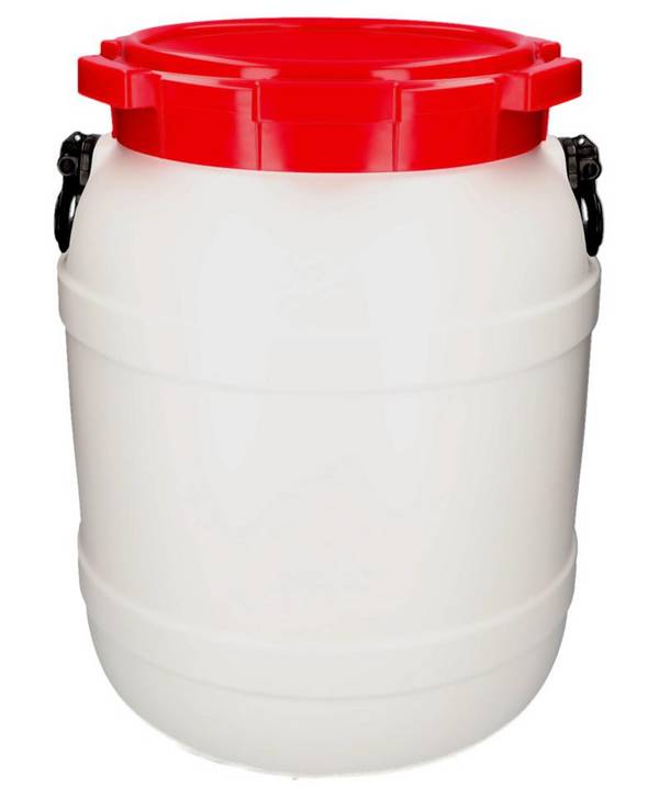 Weithalsfass WH 55, aus Polyethylen (PE), 55 Liter Volumen, weiß/rot
