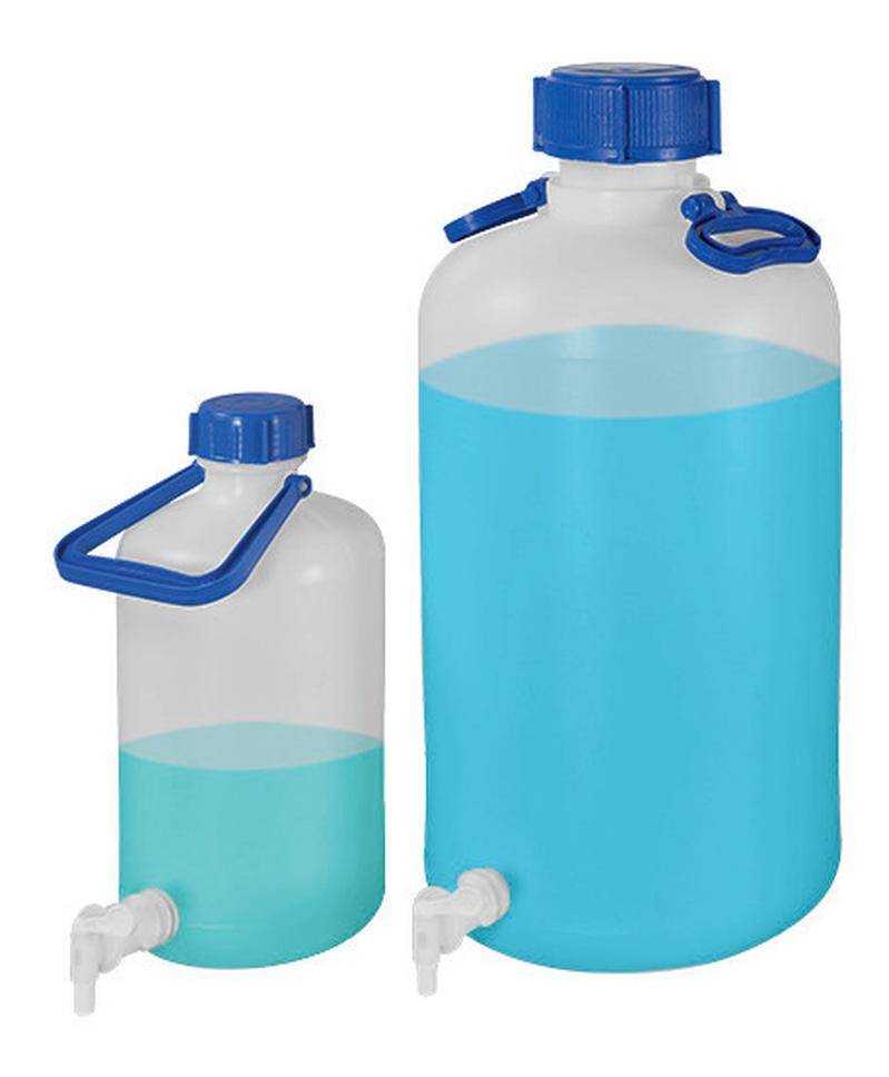 Weithalsflaschen aus PE-HD, mit Auslaufhahn, einem Tragebügel und Schraubverschluss, 5 Liter-1