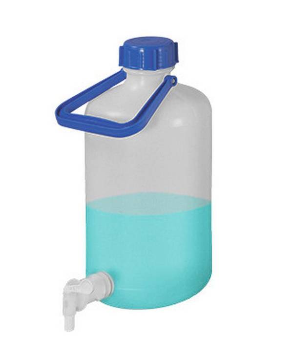 Weithalsflaschen aus PE-HD, mit Auslaufhahn, einem Tragebügel und Schraubverschluss, 5 Liter