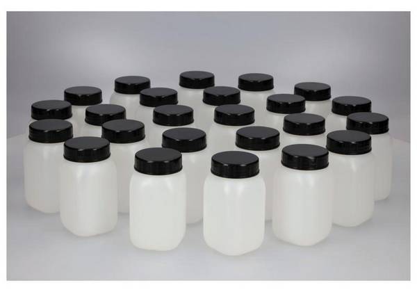 Weithalsflaschen aus HDPE, eckig, natur-transparent, 250 ml, 24 Stück