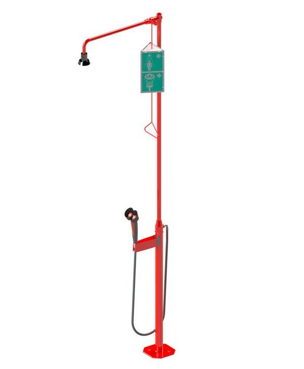 Körperdusche mit Hand-Augendusche mit 2 Brauseköpfen, rot, Bodenmontage, DVGW