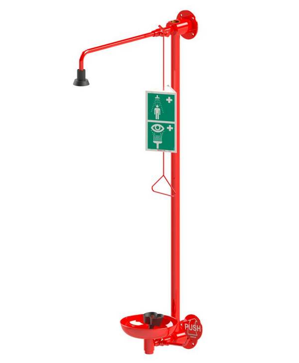 Körperdusche mit Augendusche mit Auffangbecken, rot, Wandmontage, 5/4" für Zirkulation, DVGW