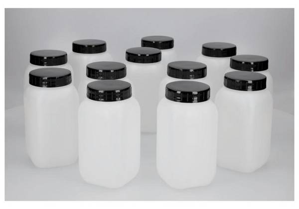 Weithalsflaschen aus HDPE, eckig, natur-transparent, 950 ml, 12 Stück